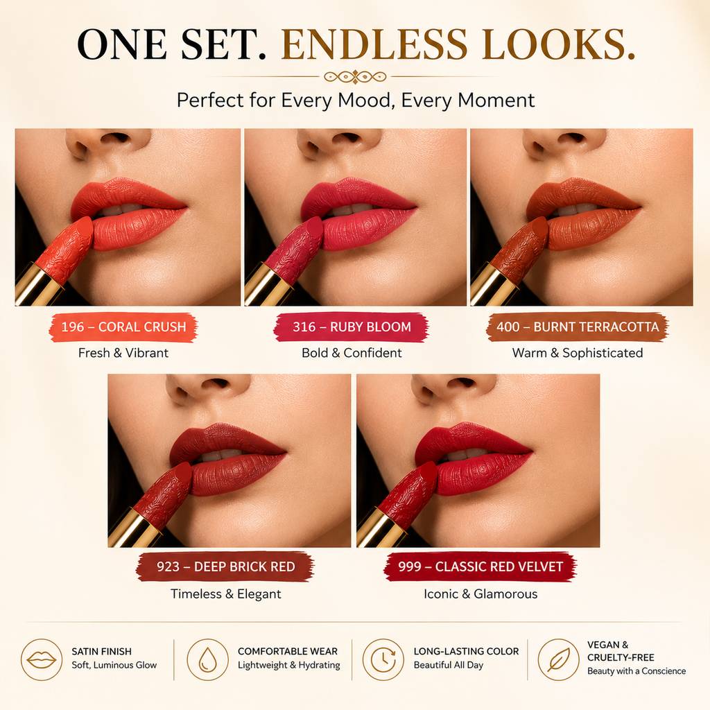 Vegan Lipstick Set – 5 Satin-Matte Shades, Cruelty-Free