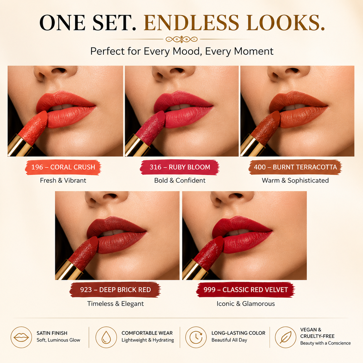 Vegan Lipstick Set – 5 Satin-Matte Shades, Cruelty-Free
