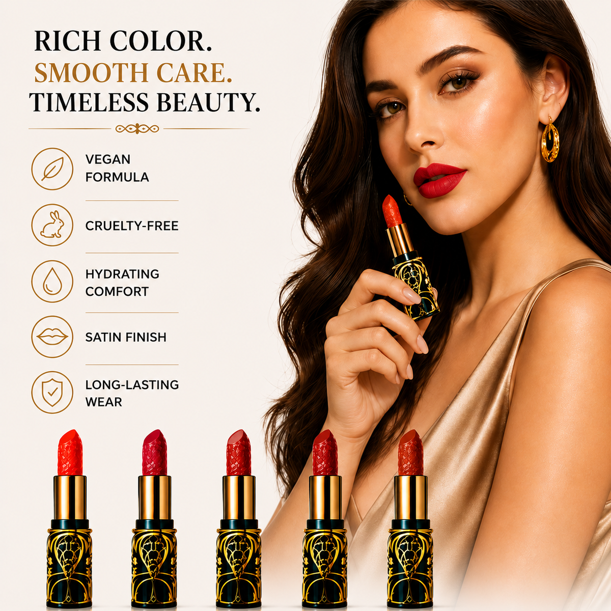 Vegan Lipstick Set – 5 Satin-Matte Shades, Cruelty-Free